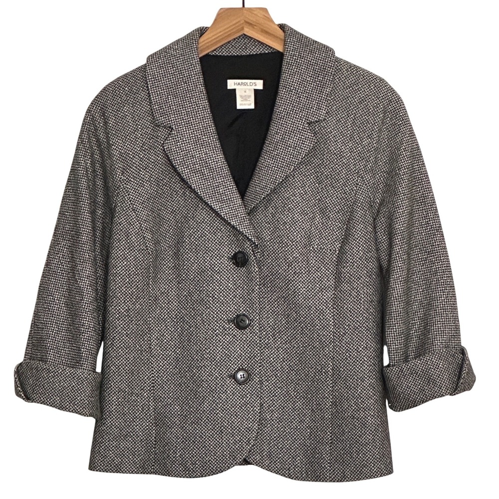 VTG Preppy Academia Jacket 6 Black Wool Blend Herringbone Tweed Corporate Goth